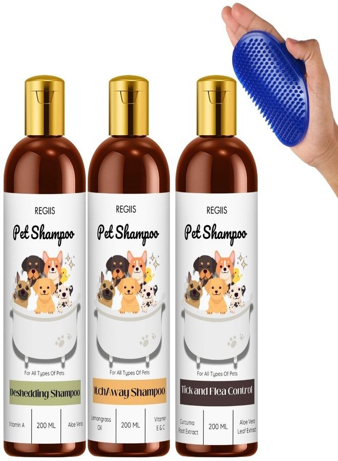 مجموعة شامبو للحيوانات الأليفة، عبوة من 3 قطع تحتوي على تركيبات لإزالة الشعر الزائد، ومكافحة الحكة، ومكافحة القراد والبراغيث، سعة كل منها 200 مل، مع فرشاة تنظيف (عبوة من 4 قطع) - Image 1